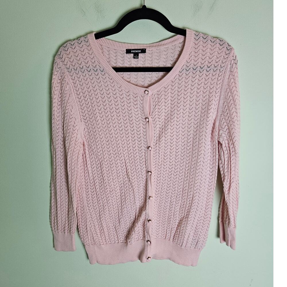 Premise Cute Twee Grannycore Light Pink Woven Cardigan w/ Round Buttons